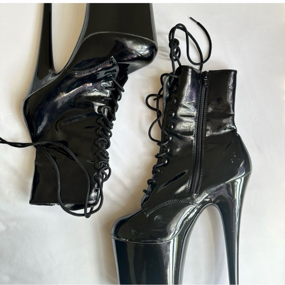 Black Patent Lace-Up Platform Ankle Boots